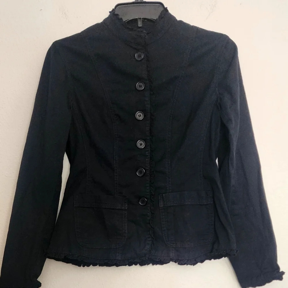 Jones New York Vintage Button-Front Blazer Jacket Pockets Ruffle Trim Sz PS